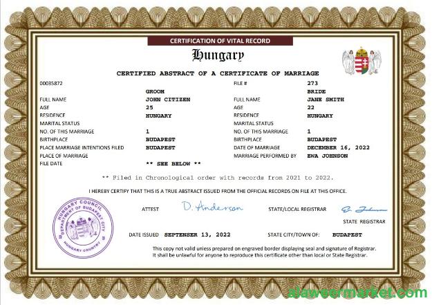 Hungary marriage certificate Word and PDF template